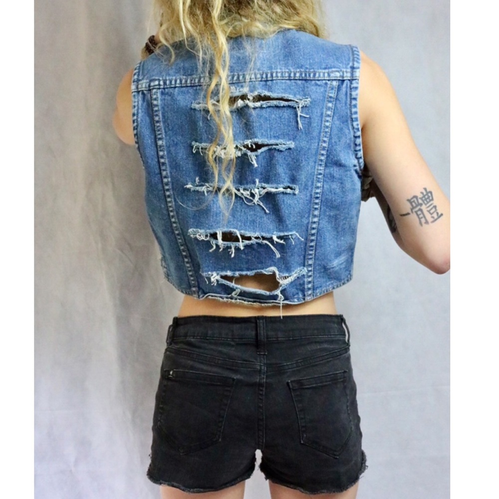 Vintage Slash Cut Back Denim Jean Crop Vest !